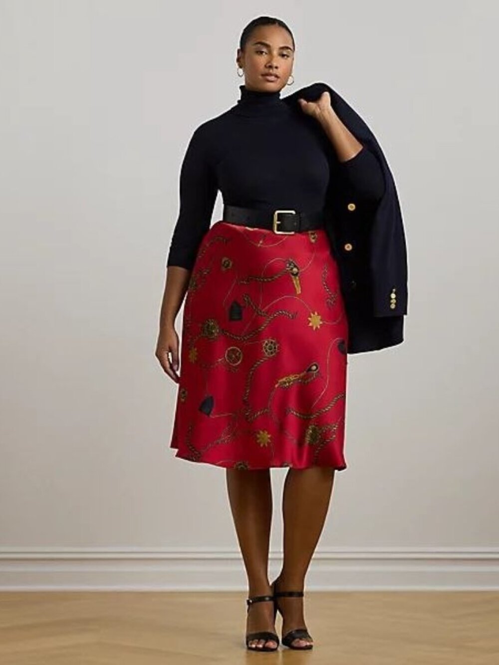 $175 Lauren Ralph Lauren Belting-Print Satin Charmeuse Midi Skirt Red Size 14W